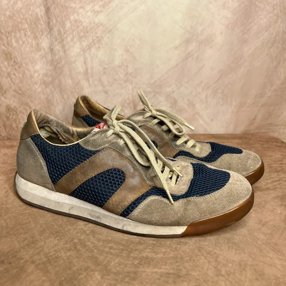 Vintage Y2K Camper Lace Up Lug Sole Suede Sneakers Shoes Tan Blue Retro Sporty