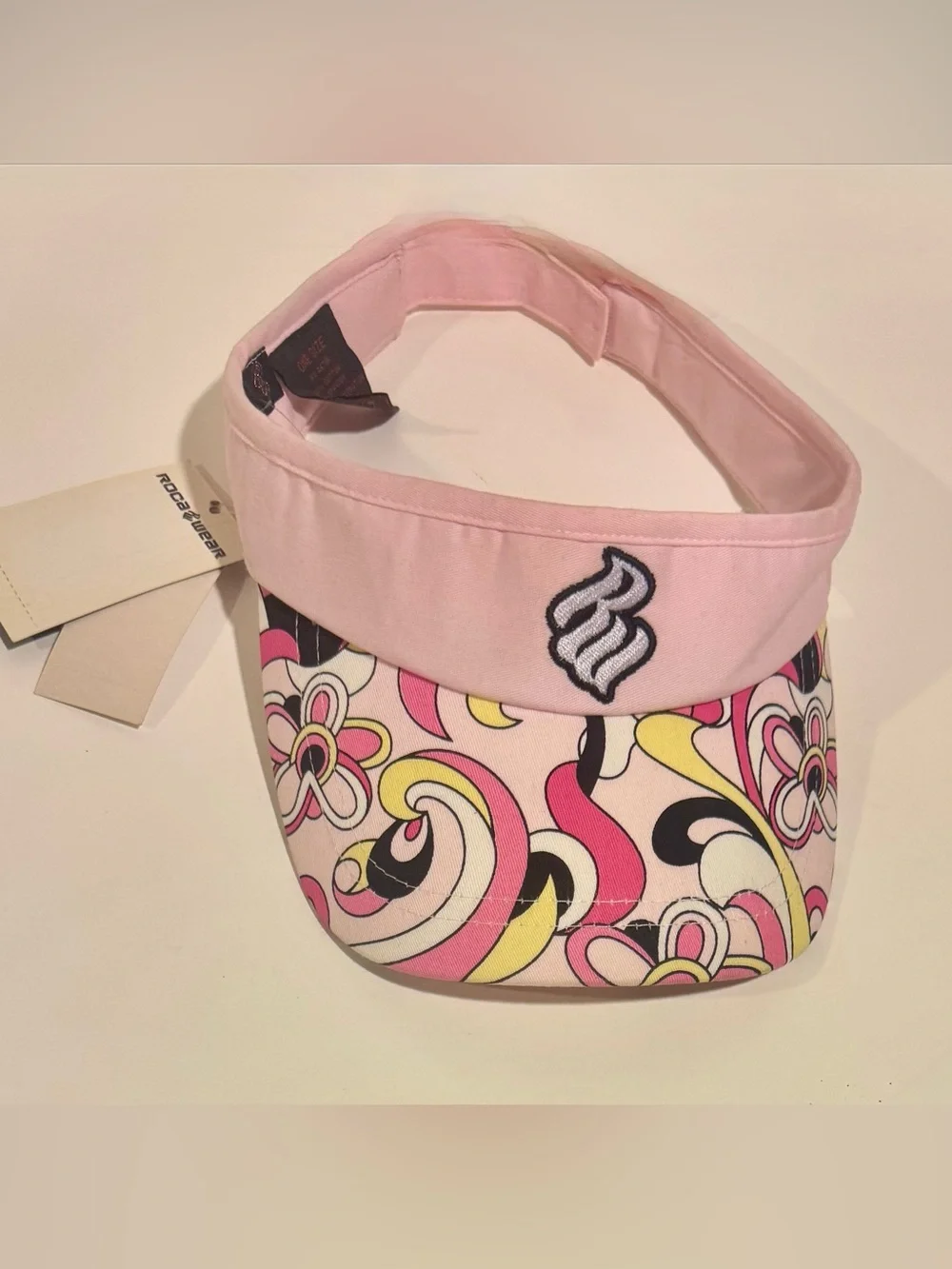 VintageRocawear multi-colored psychedelic floral/swirl print Pink band Visor Hat