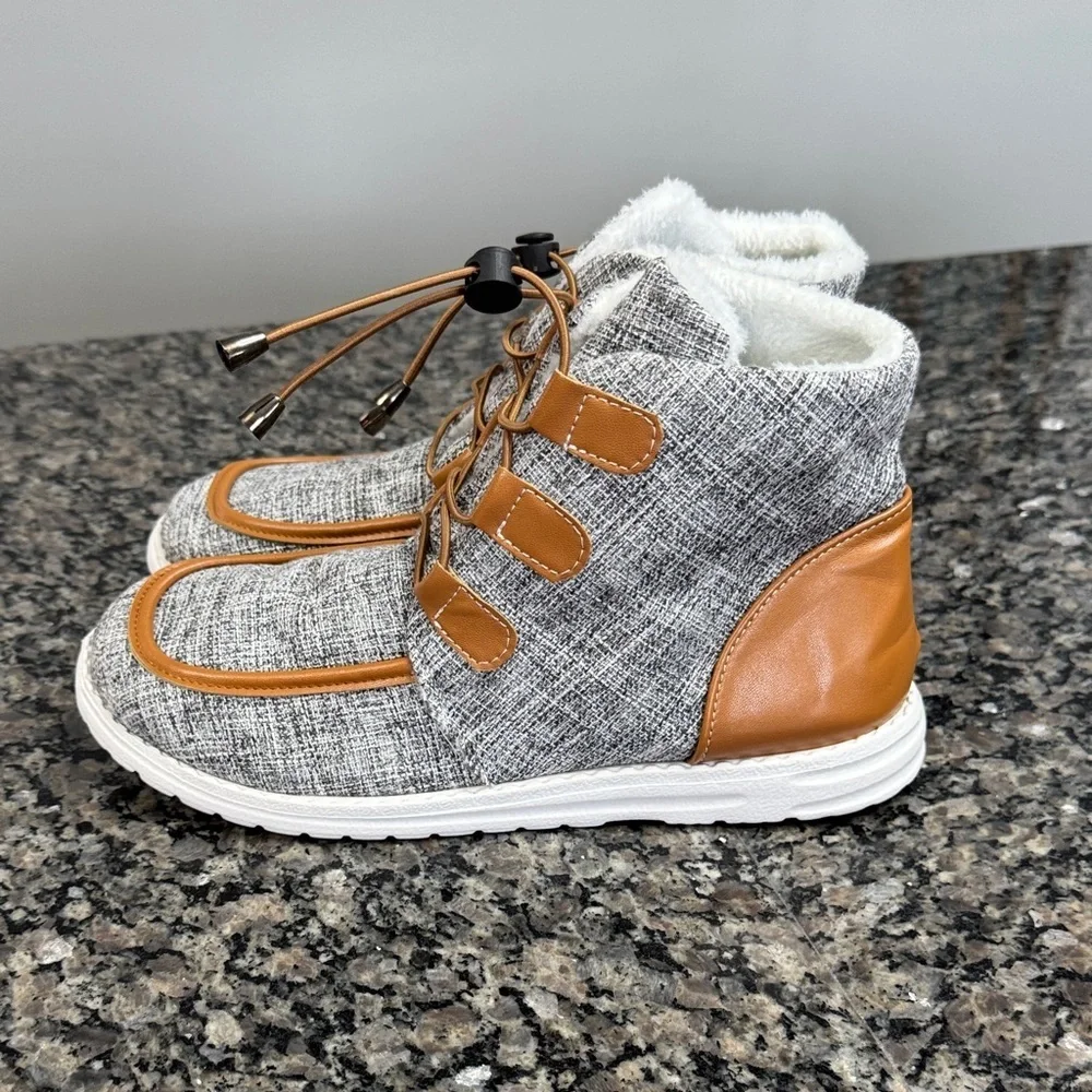 Stylish Gray and Tan High-Top lightweight faux fur fashion Sneakers NEW