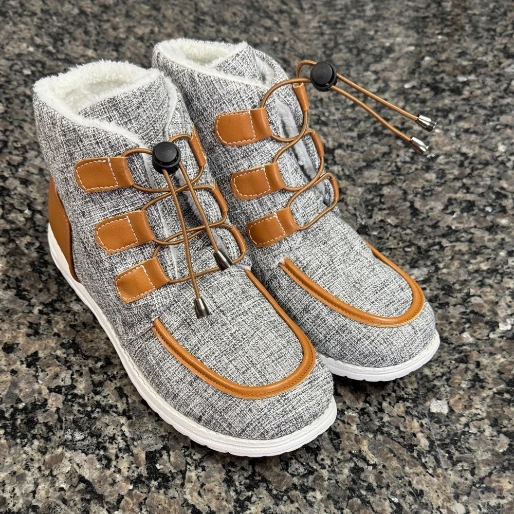 Stylish Gray and Tan High-Top lightweight faux fur fashion Sneakers NEW