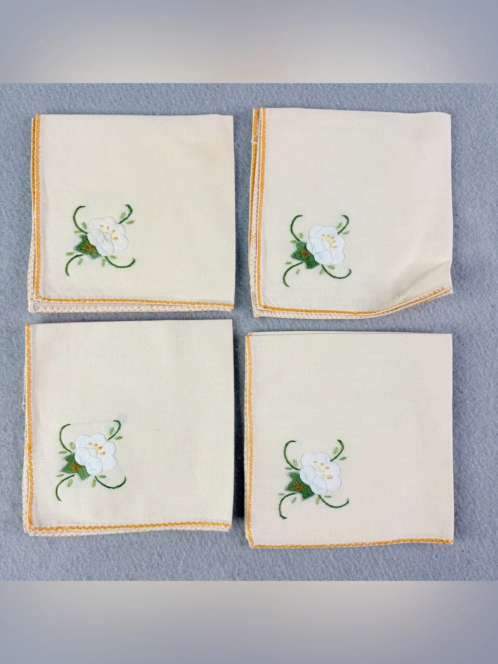 Vintage Ivory Embroidered Napkin Set 4 Floral Appliqué Handmade Cottagecore