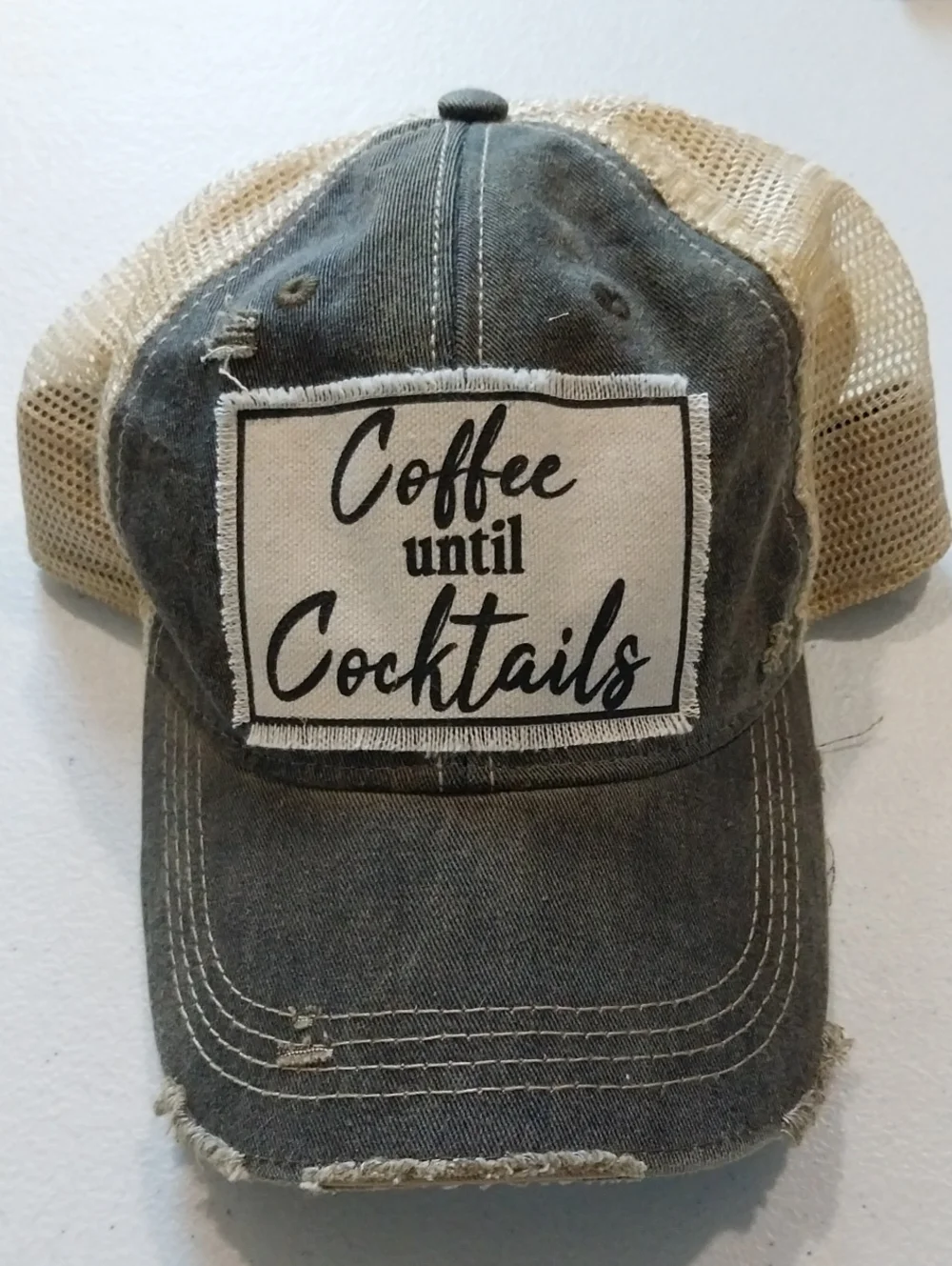 Coffee Until Cocktails Distressed Trucker Hat - Beige and Dark Gray