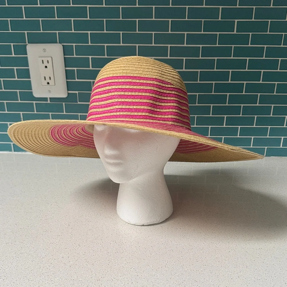 LOFT pink tan stripe woven straw wide brim floppy sun hat size small/medium