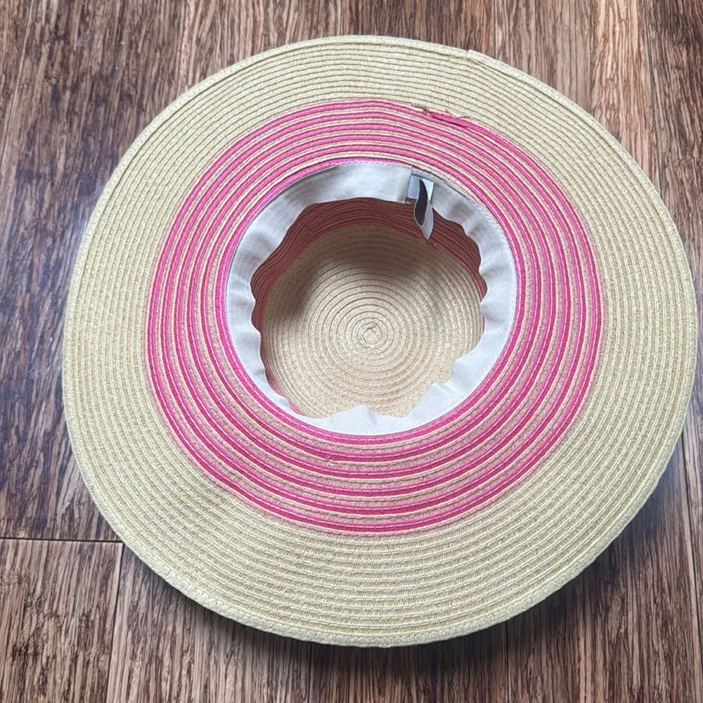 LOFT pink tan stripe woven straw wide brim floppy sun hat size small/medium