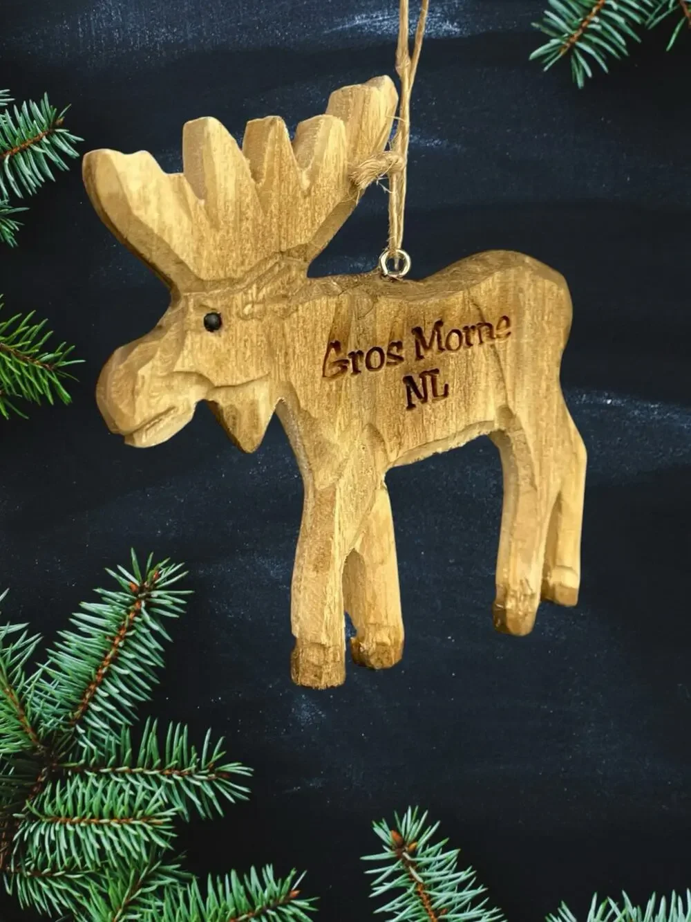 Gros Morne Newfoundland Canada Carved Wood Moose Christmas Holiday Ornament