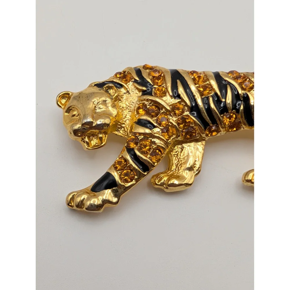 Vintage Tiger Panther Brooch Pin Gold Tone Black Enamel Amber Rhinestone Big Cat