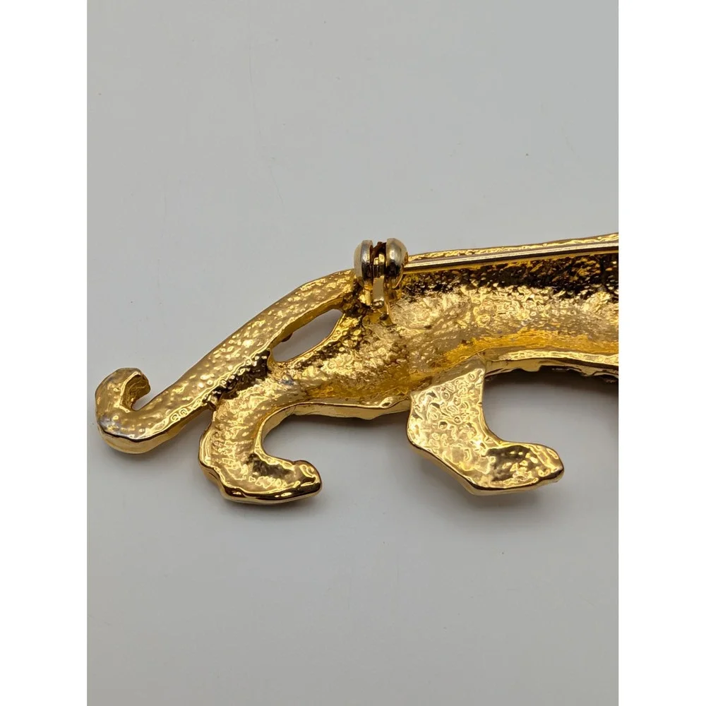 Vintage Tiger Panther Brooch Pin Gold Tone Black Enamel Amber Rhinestone Big Cat
