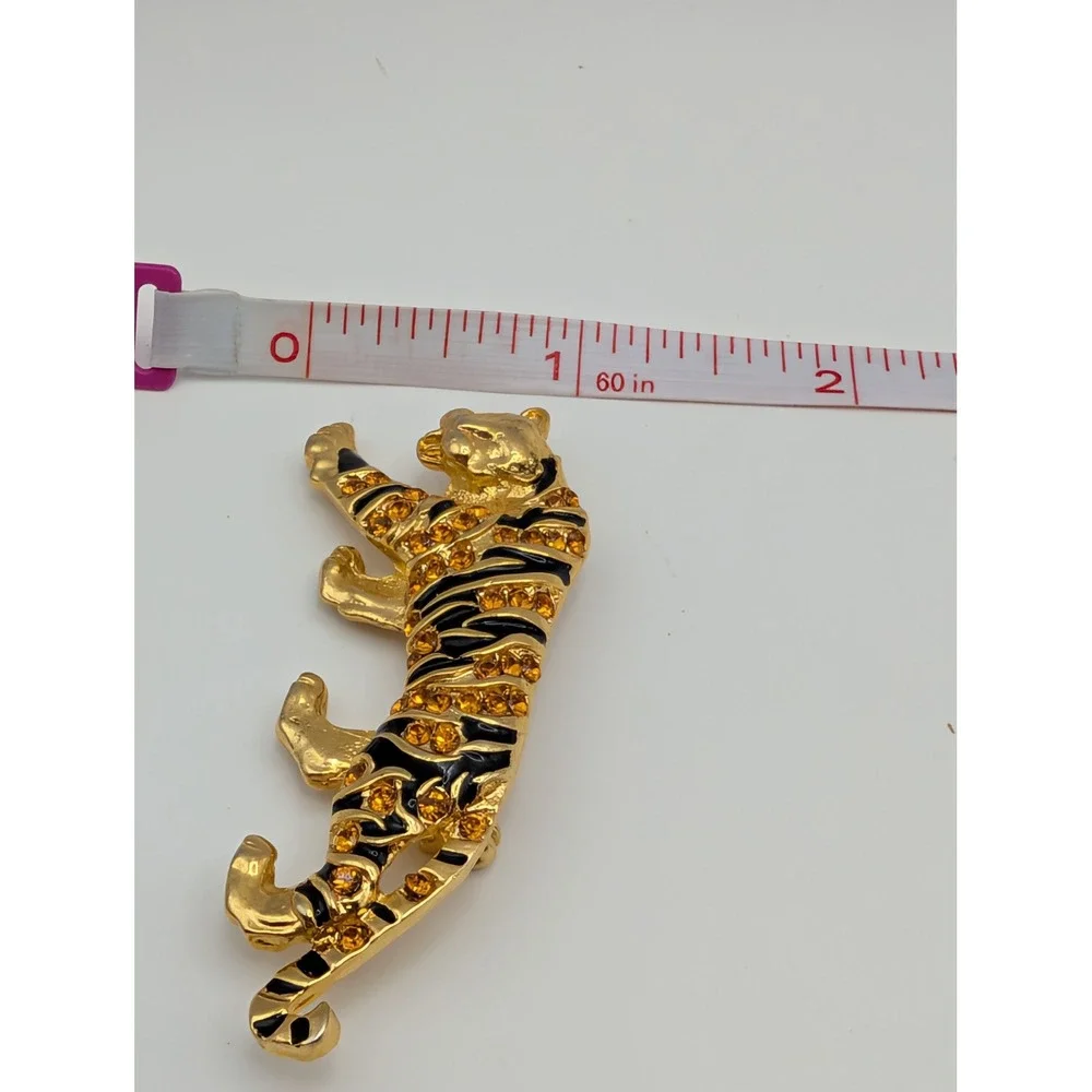 Vintage Tiger Panther Brooch Pin Gold Tone Black Enamel Amber Rhinestone Big Cat
