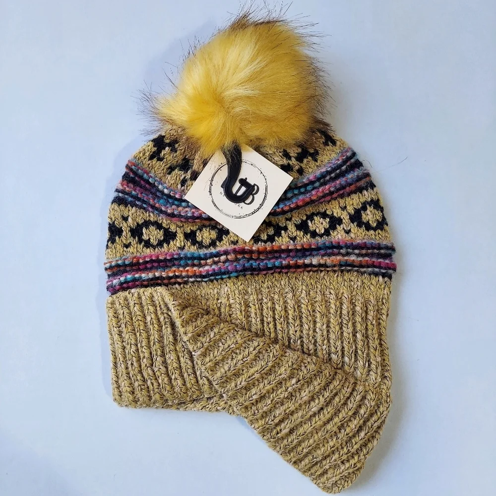L.I.B New York Hat Beanie Mustard Yellow Womens Cable Knit Warm Faux Fur Pom New