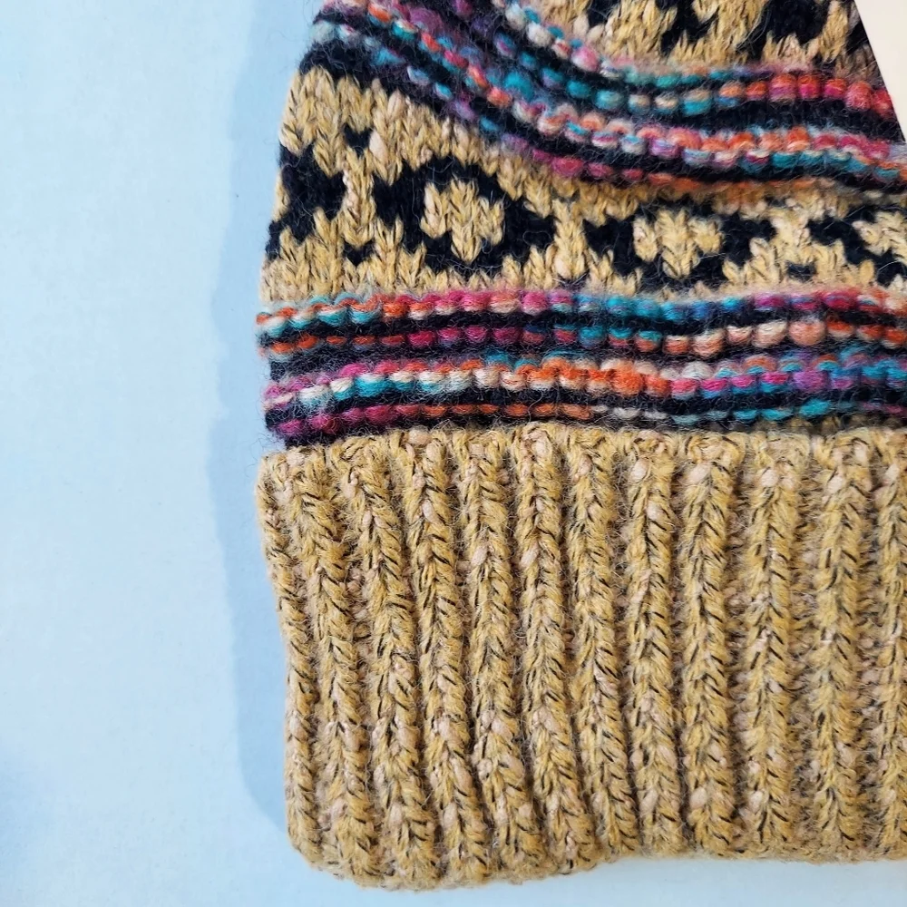 L.I.B New York Hat Beanie Mustard Yellow Womens Cable Knit Warm Faux Fur Pom New