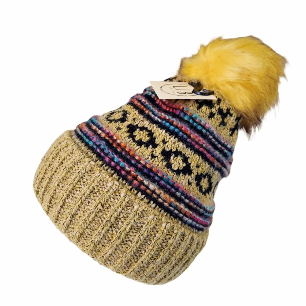 L.I.B New York Hat Beanie Mustard Yellow Womens Cable Knit Warm Faux Fur Pom New