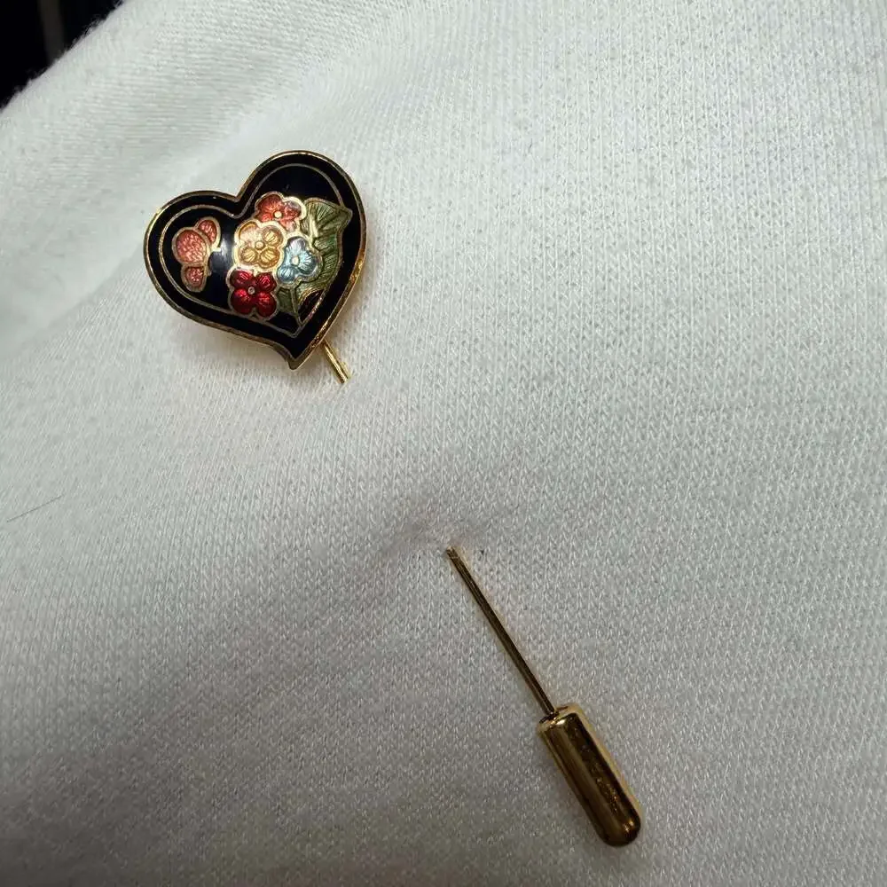 Vintage Cloisonné Enamel Heart Stick Pin with Floral and Butterfly Design