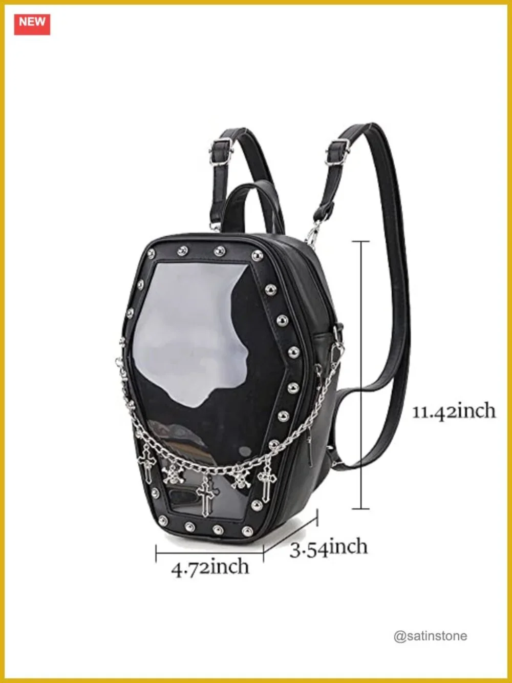Coffin Shape Ita Bag with Clear Window Panel, Faux Leather Pin Display