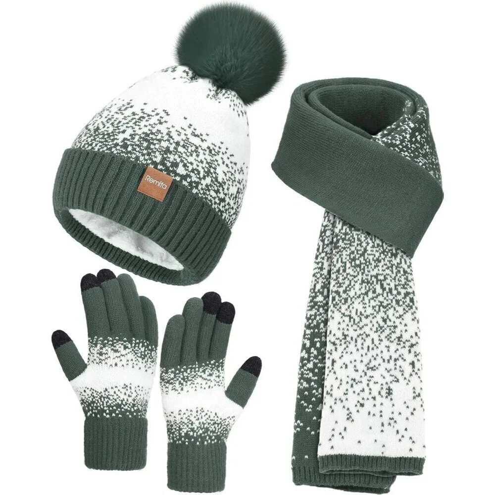 Women's Green White Winter Beanie Hat Scarf Gloves Set Pom Warm Christmas Gift