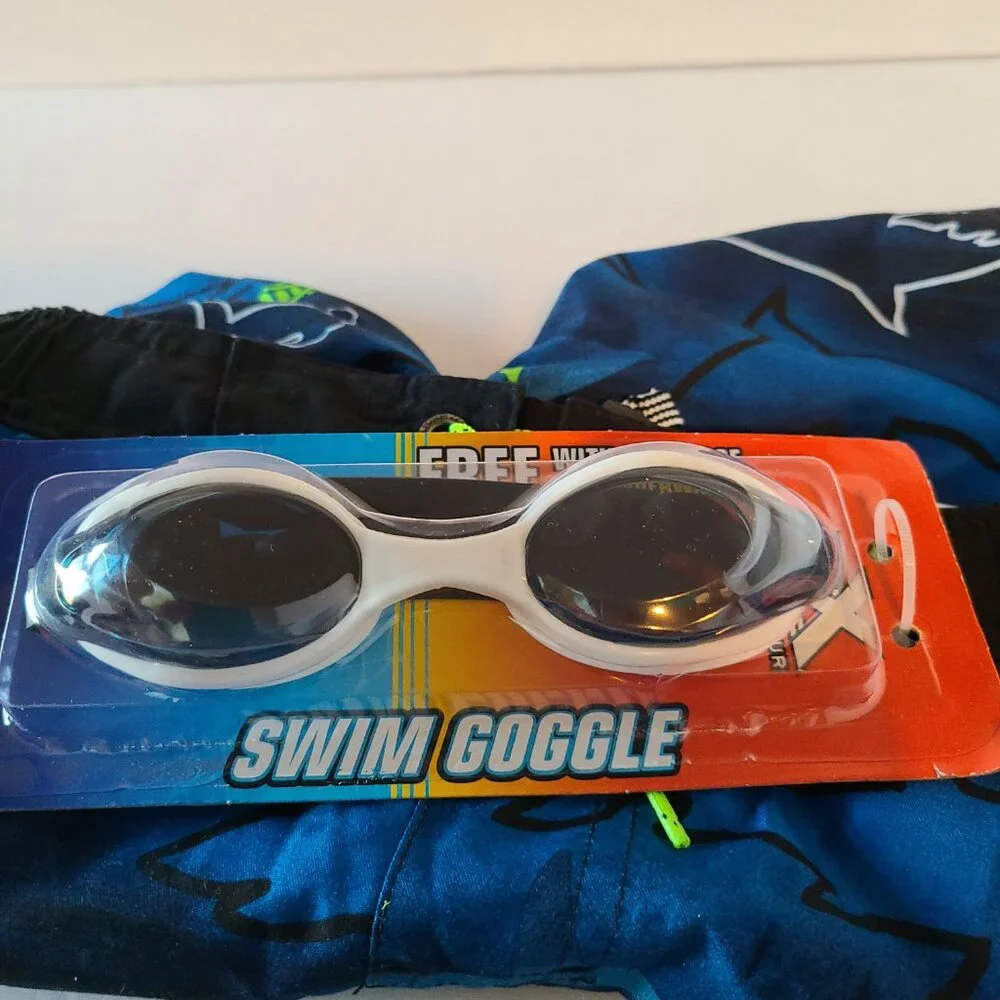 ZEROXPOSUR SWIM SHORTS & GOGGLES-UPF50+-TEAL SHARK MOTIF-SIZE 6/7