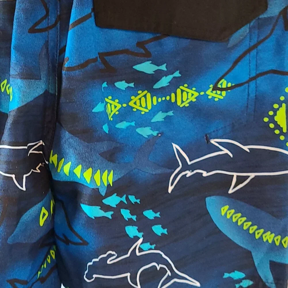 ZEROXPOSUR SWIM SHORTS & GOGGLES-UPF50+-TEAL SHARK MOTIF-SIZE 6/7