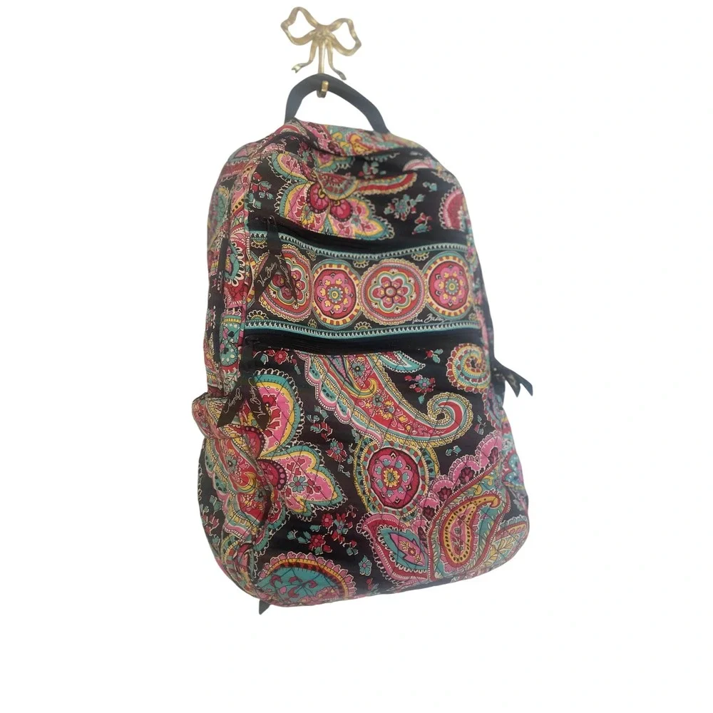 Vera Bradley Campus Backpack Black Multi Color Paisley Quilted Cotton Travel Bag