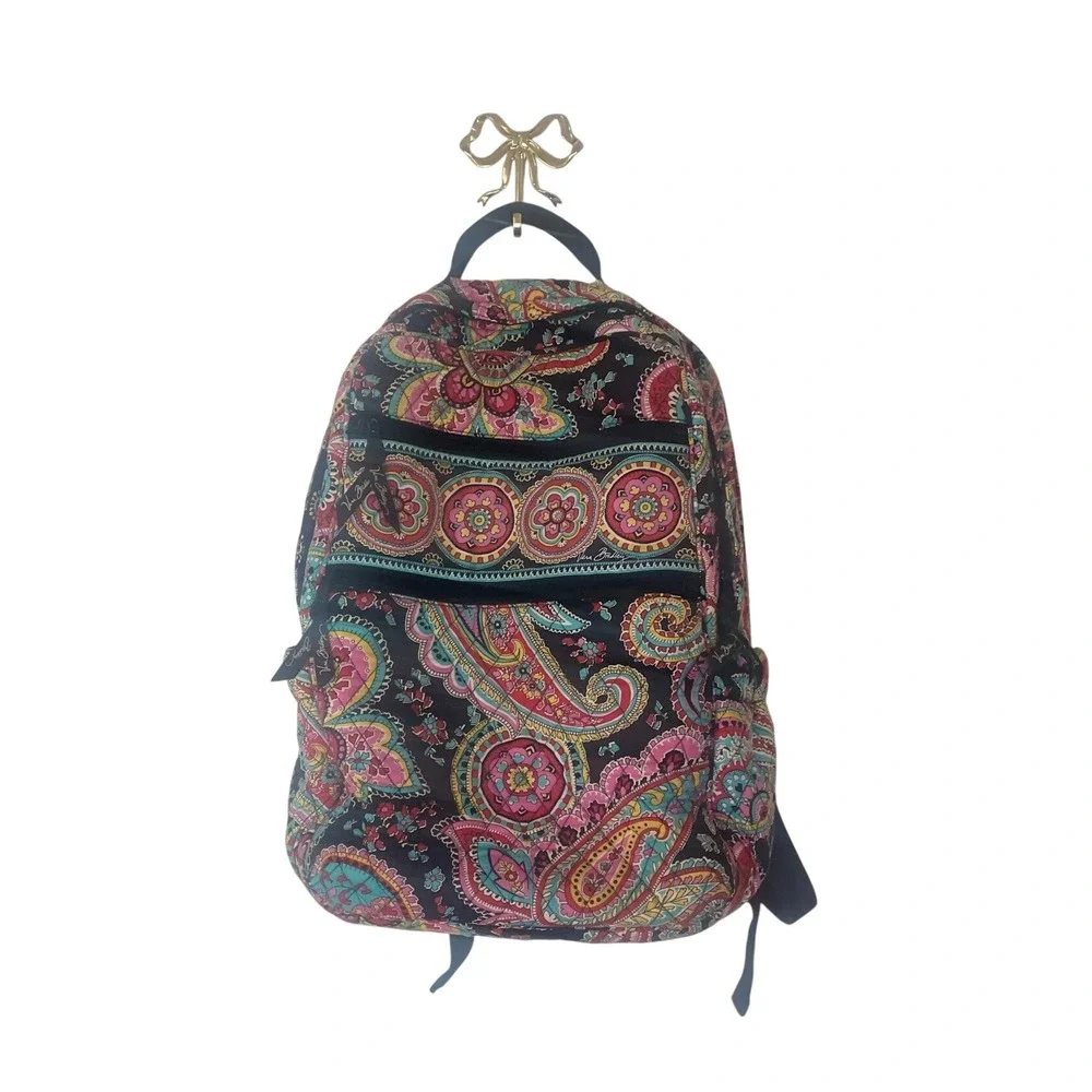 Vera Bradley Campus Backpack Black Multi Color Paisley Quilted Cotton Travel Bag