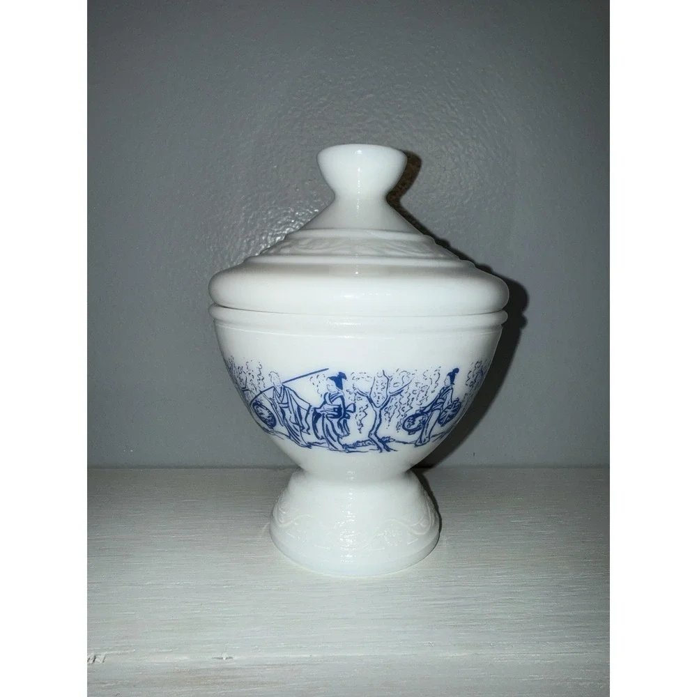 Vintage Milk Glass Lidded Footed Candy Dish Blue Asian Scene Made in Belgium