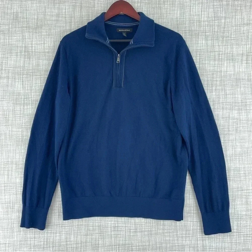 Banana Republic Sweater 1/4 Zip Merino Wool blue L mens 0654