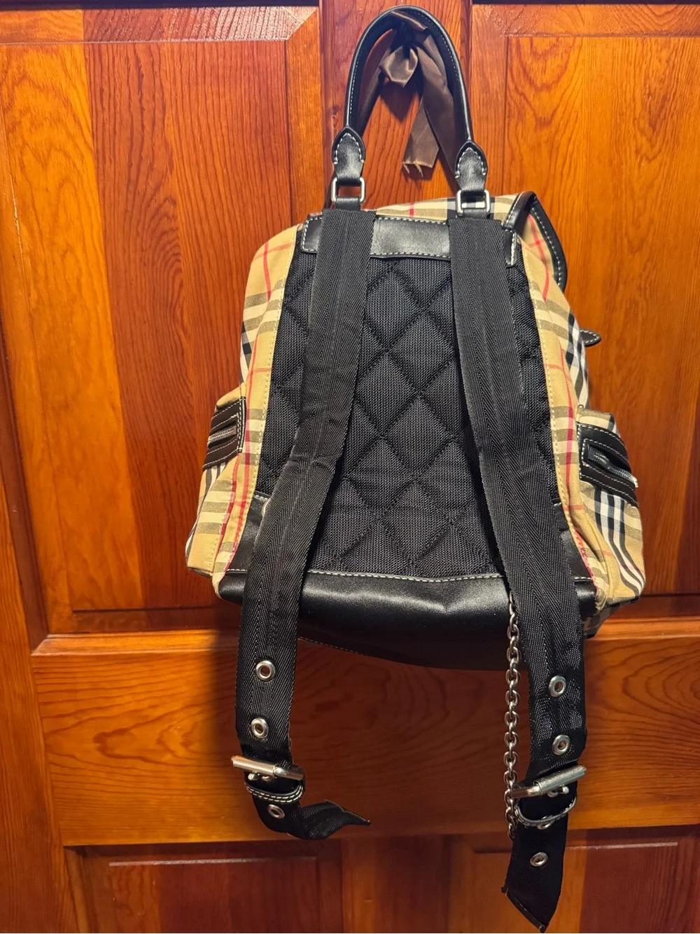 Burberry Nova Check Backpack with black trim and top handle excellent condition