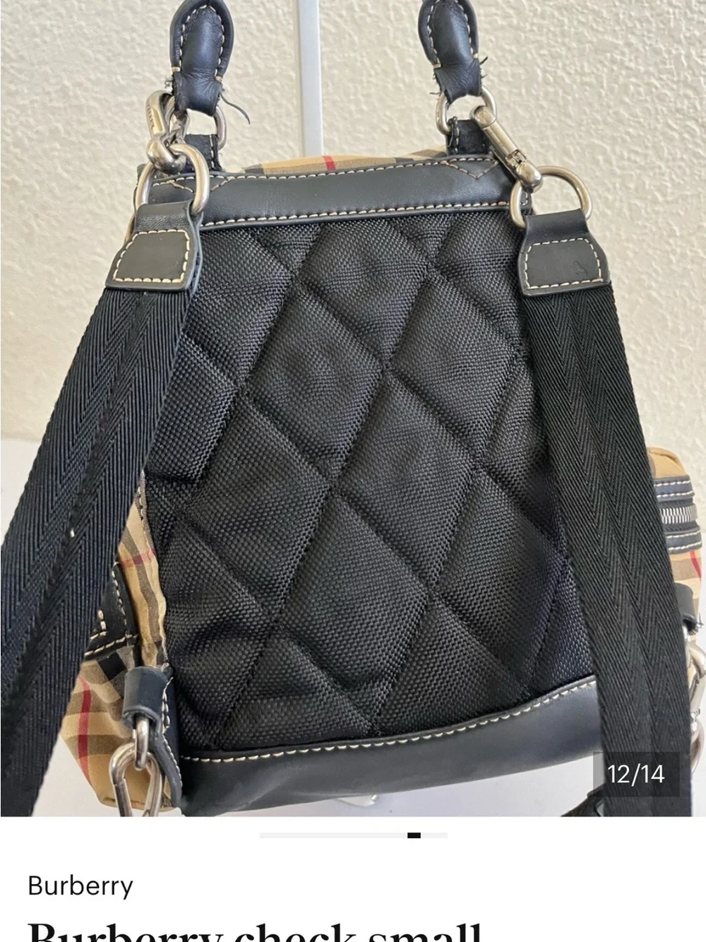 Burberry Nova Check Backpack with black trim and top handle excellent condition