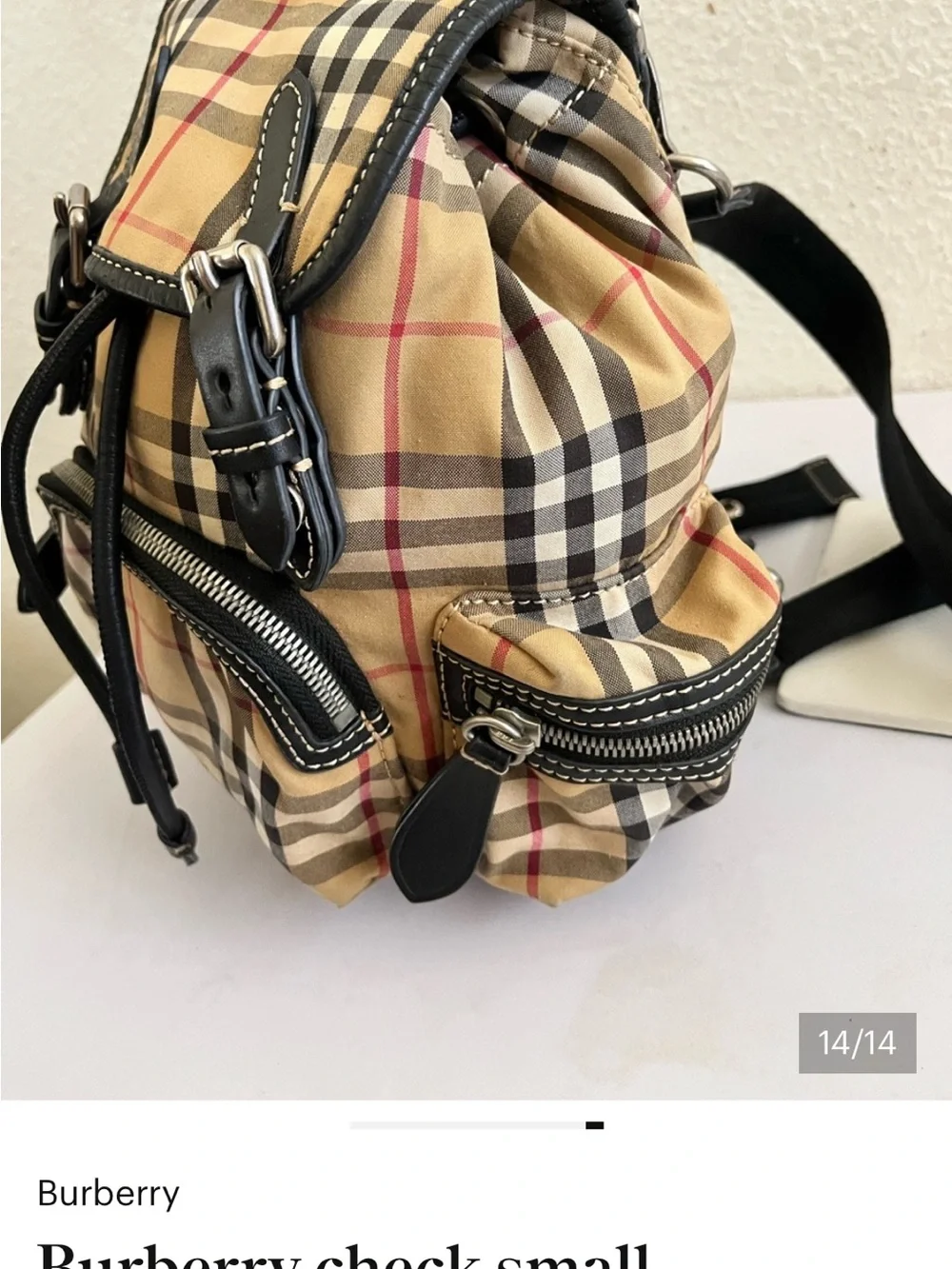 Burberry Nova Check Backpack with black trim and top handle excellent condition