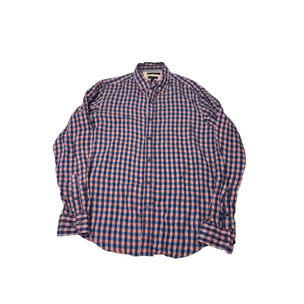Banana Republic Camden Fit Mens Medium 100% Linen Gingham Shirt Navy Coral Pink