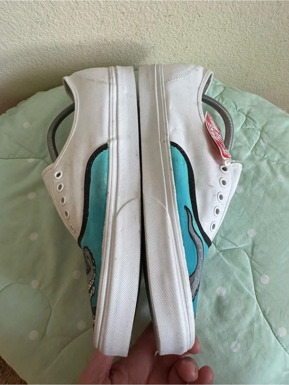 NEW Custom Painted Vans White Slip-On Sneakers with Teal Octopus Design size 13