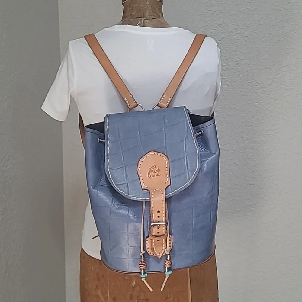 WOMENS BLUE CROC PRINT ITALIAN LEARHER BACKPACK