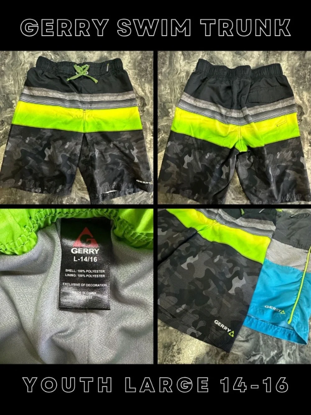 Lot of 2 Gerry UPF 50+ Camo Swim Trunks youth large 14-16