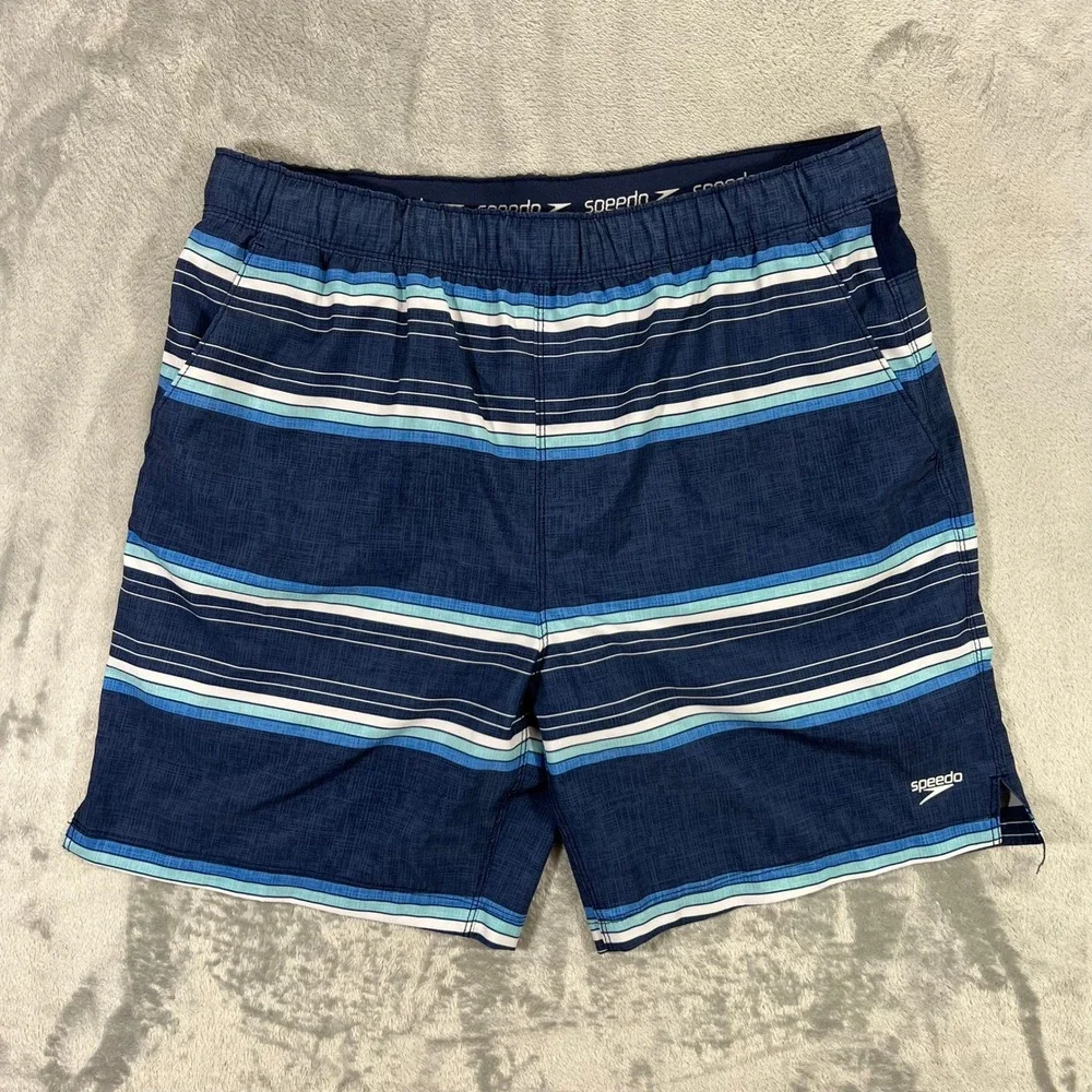 SPEEDO Swim Trunks Mens Large Blue Striped Board Shorts 7778275 Stretch