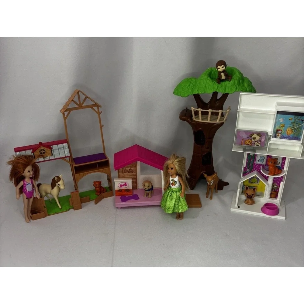 Barbie Play 'n Wash Pets Playset, Orchard Farm, Treehouse, Pet Center + Pets