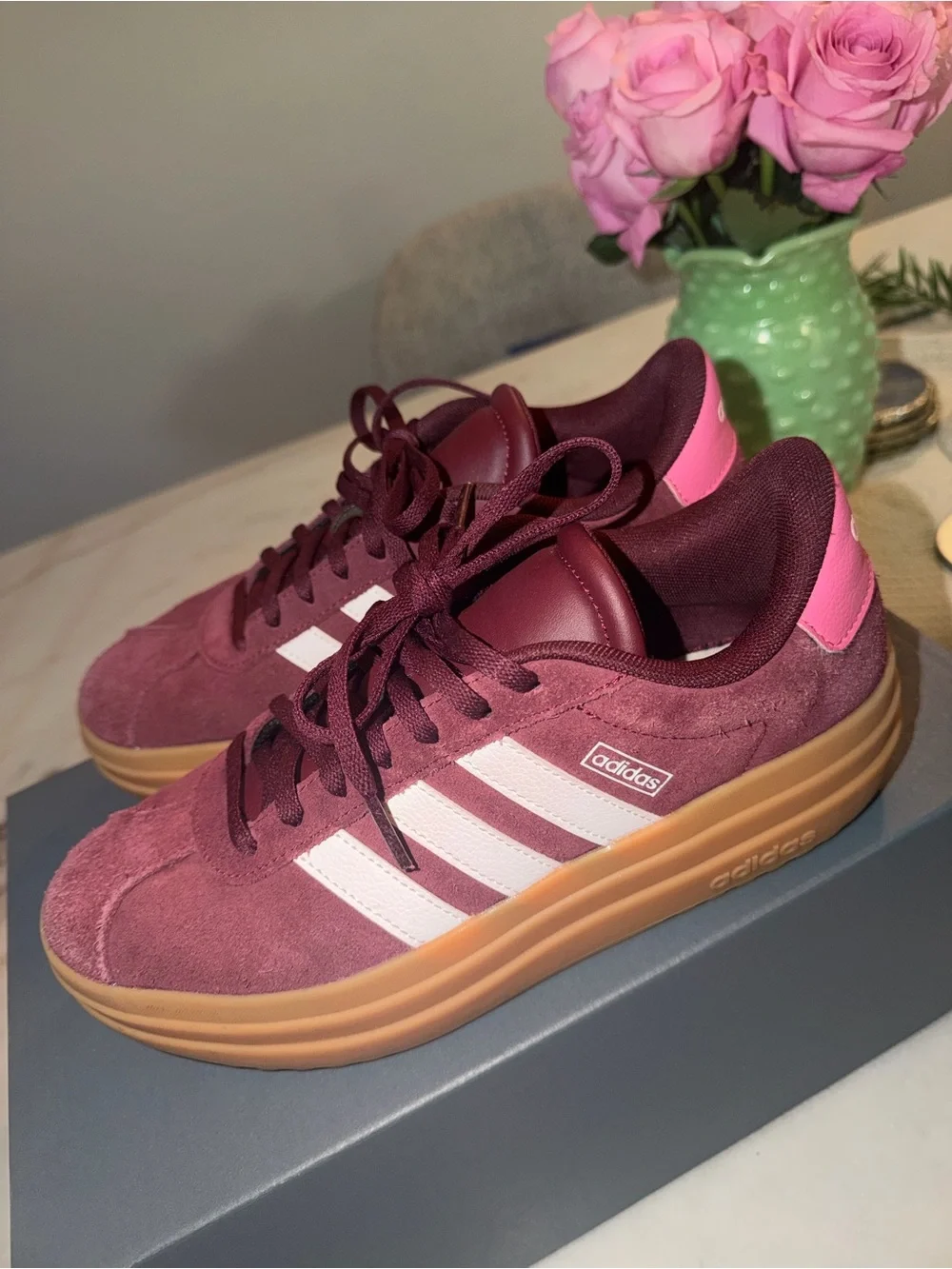 adidas court Women’s Burgundy Suede Platform Sneaker with Pink Heel