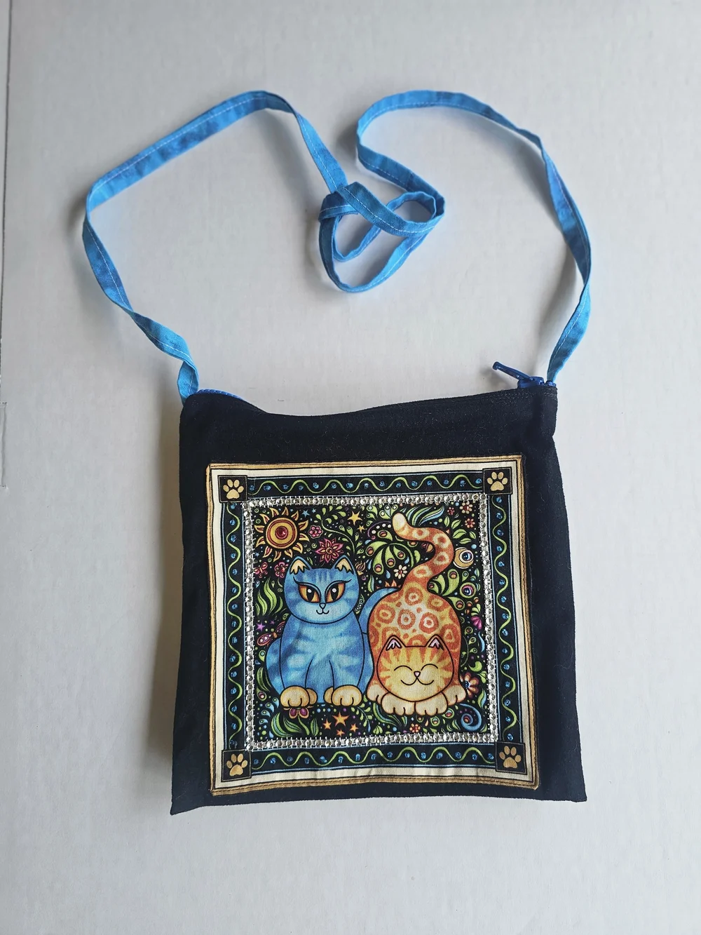 Colorful Cat Crossbody Bag with Blue Strap