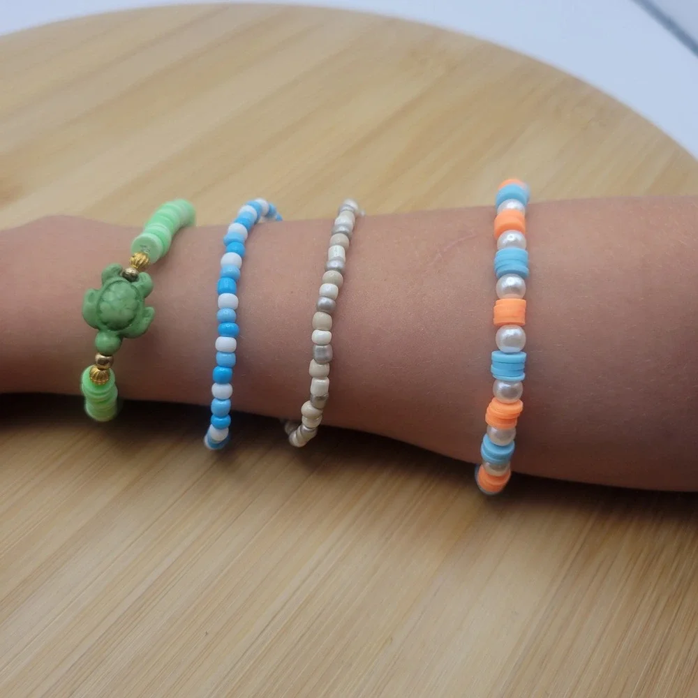 Handmade Clay Bead Seed Bead Bracelet Set of 4 Summer Turtle Theme Kids Jewelry