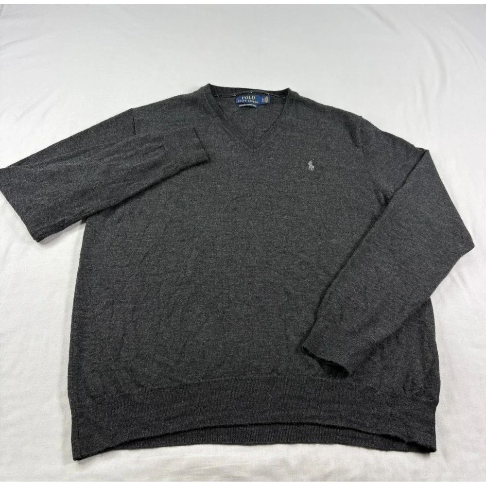 Polo Ralph Lauren Sweater Mens XL Gray Washable Merino Wool V-Neck Pullover