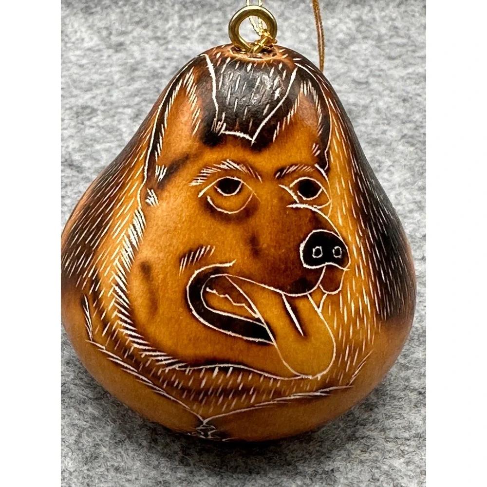 Lucuma German Shepherd Hand Carved Gourd Ornament Peru Folk Art Dog Decor