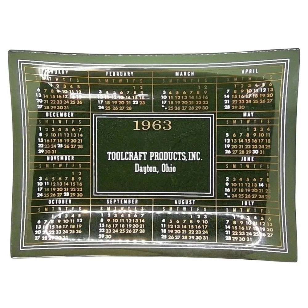 TOOLCRAFT PRODUCTS 1963 Green Glass Calendar Tray Dayton Ohio Promo