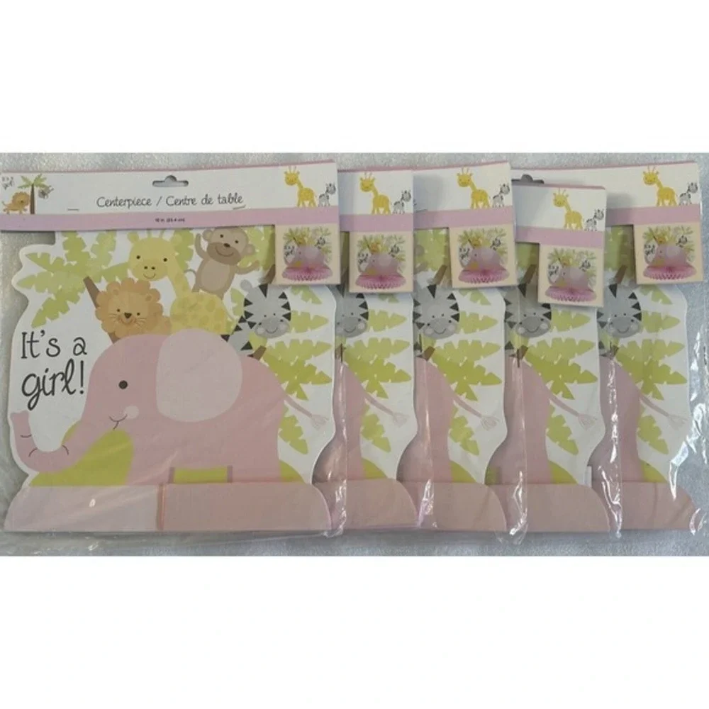 5 Pcs Pink‎ Floral Elephant Honeycomb Centerpieces It'S a Girl Baby Shower Party