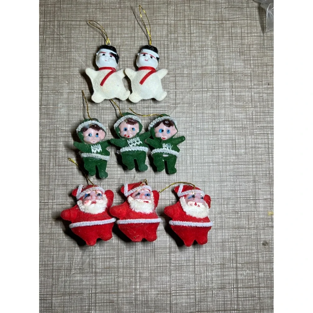 Vintage Flocked Christmas Ornaments Set of 8 Santa Elf Snowman Retro Mid Century