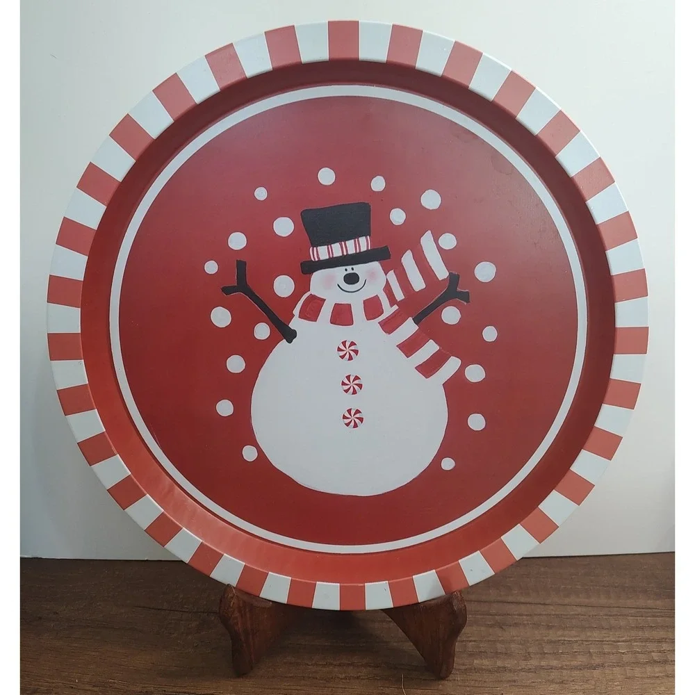 Vintage Metal Christmas Round Serving Plate Snowman Peppermint Stripes Candy B7