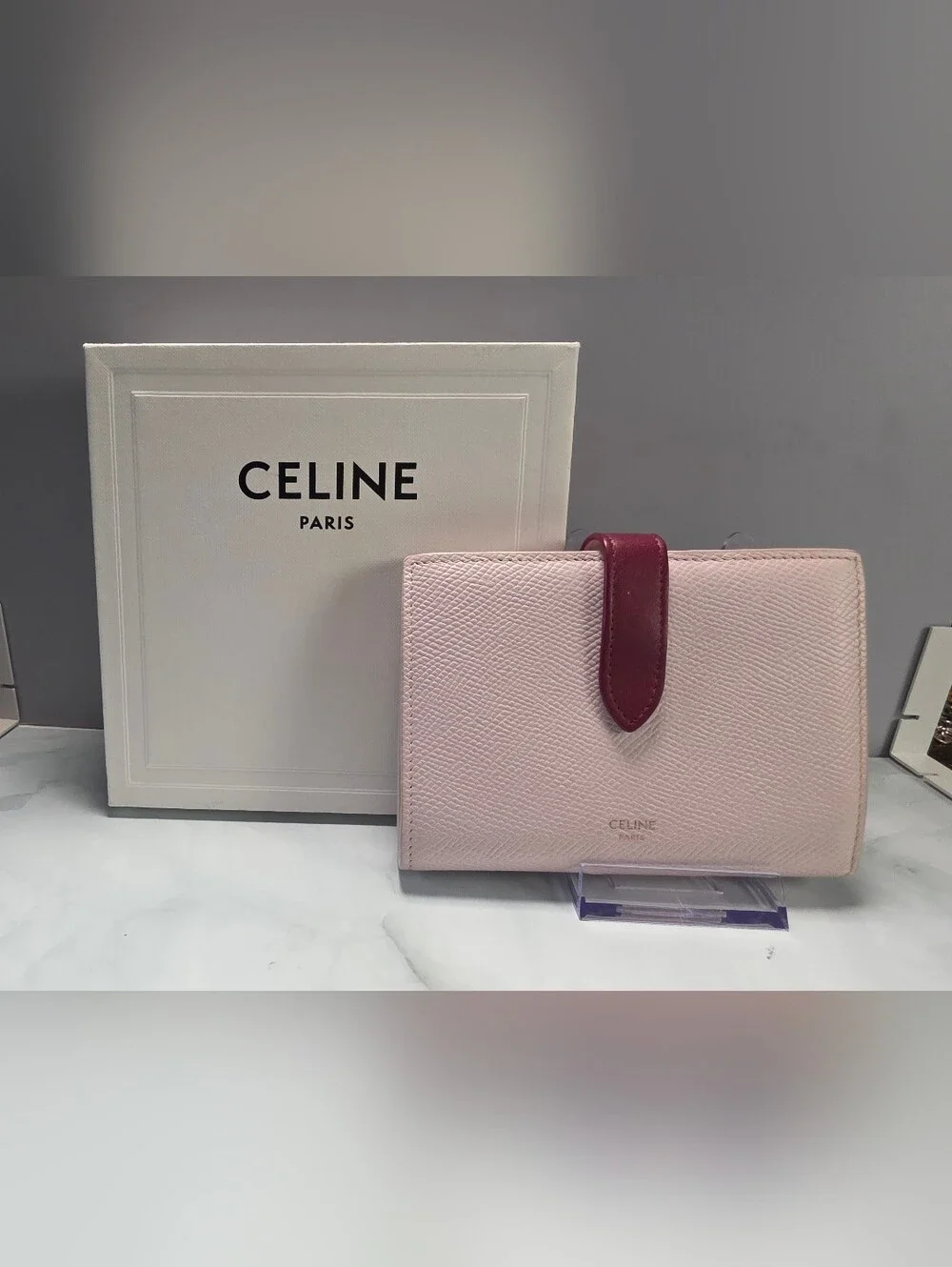 Celine Medium Strap Wallet Light Pink & Burgundy Leather w/ Box