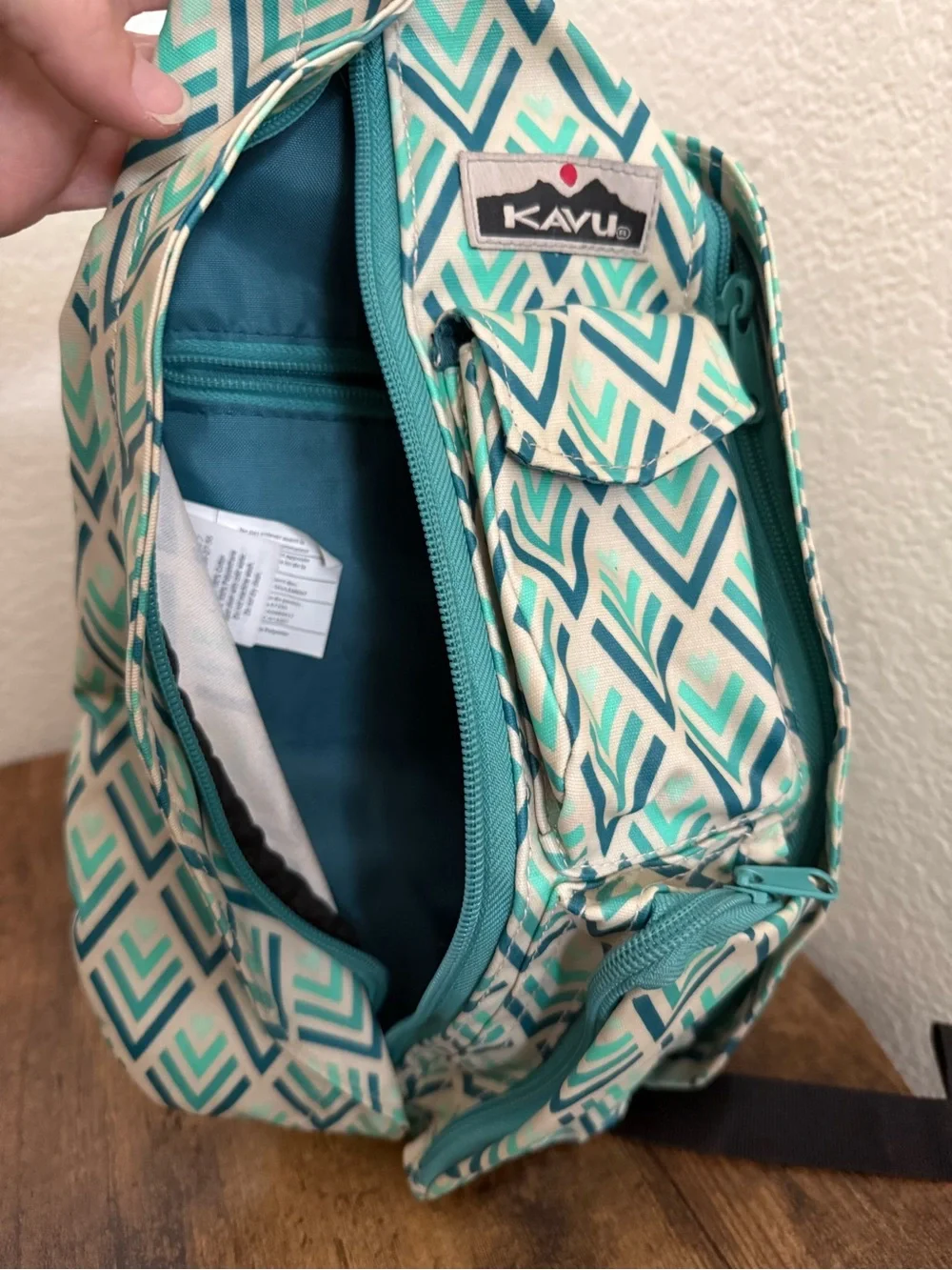 Kavu Teal & White Geo Chevron Rope Sling Backpack