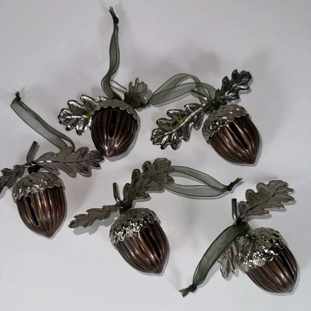 Vintage Acorn Christmas Bell Ornament Lot 5 Metal Taiwan Silver & Bronze 2.5