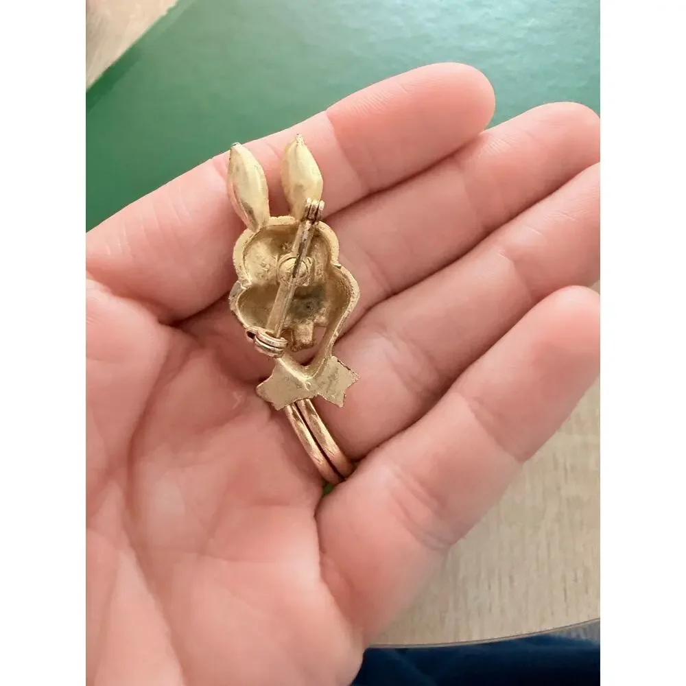 Vintage Karu Fifth Avenue Rabbit Rhinestones Gold Red Green Brooch