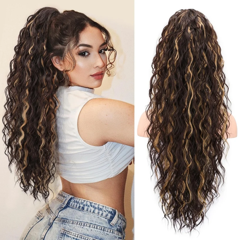 26” Long Curly Claw Clip Ponytail Extension‎ – Brown Layered Synthetic Hairpiece