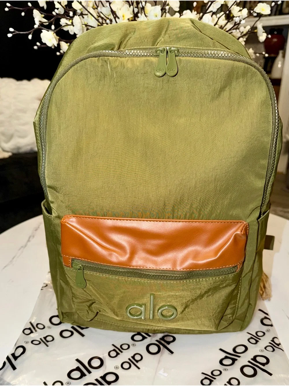 ALO Yoga Olive Green Backpack with Tan Pocket Accent