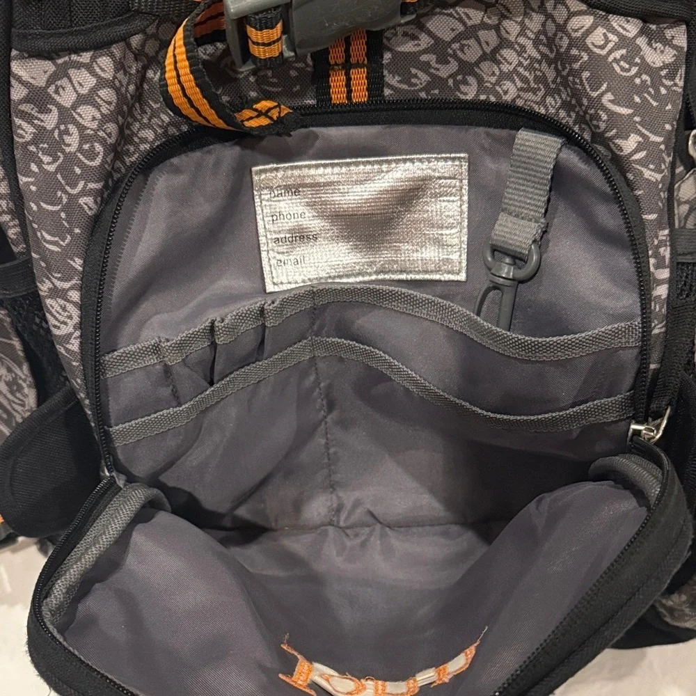 Pottery Barn Kids Grey & Orange SnakeSkin Pattern with John Embroidered Backpack