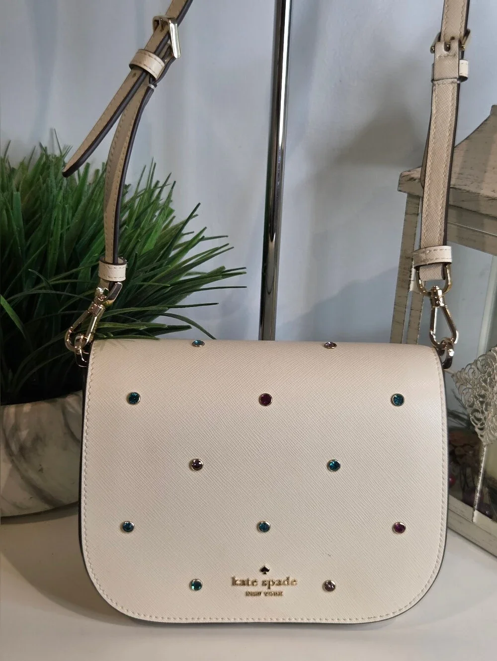Kate Spade Madison Saffiano Leather Studded Saddle Bag Meringue